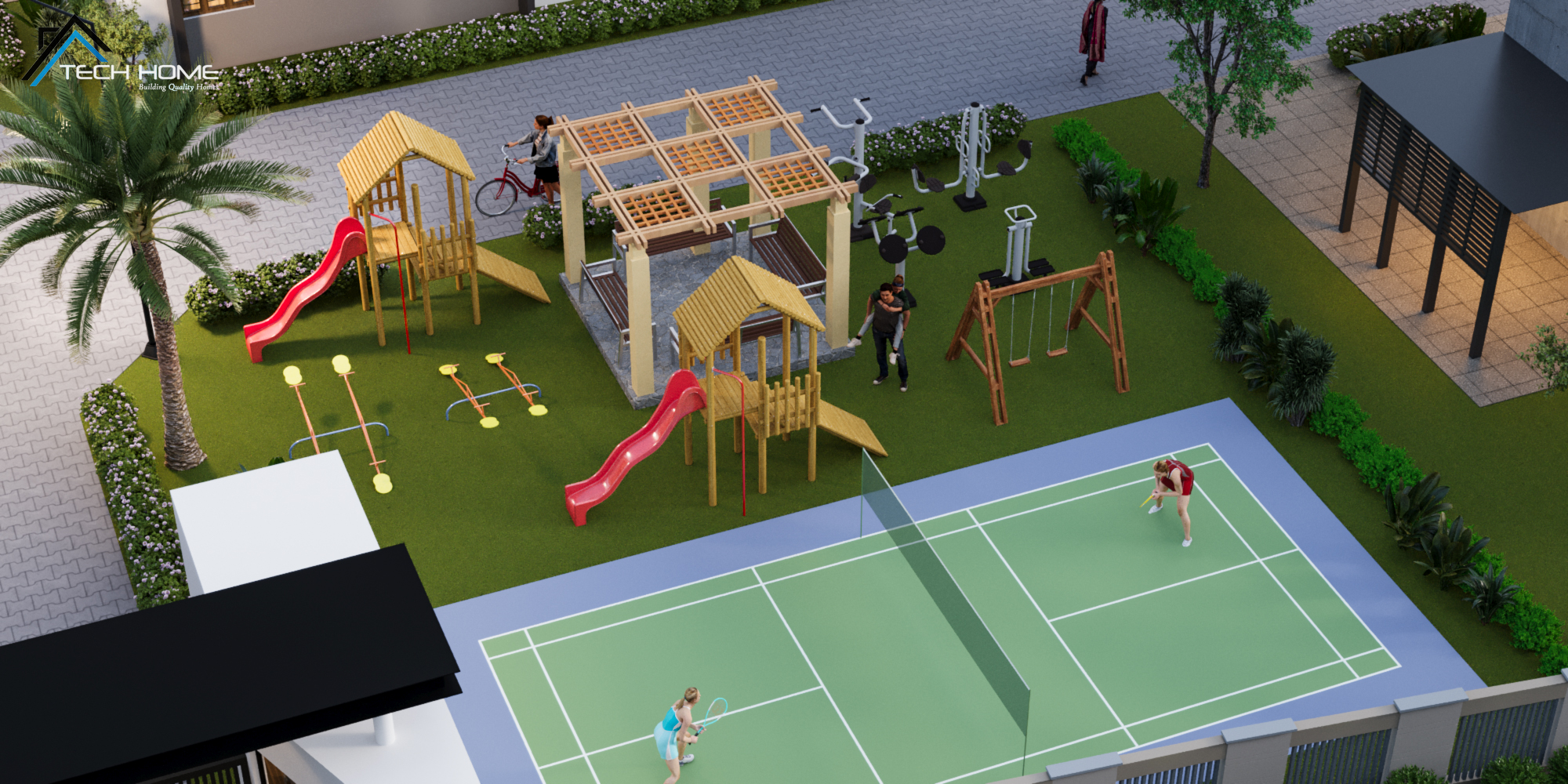 Lush green garden and patio area